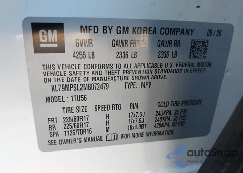 2021 Chevrolet Trailblazer Fwd Lt z USA, uszkodzony, nr VIN KL79MPSL2MB072479